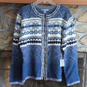 Carroll Reed Blue Wool Fair Isle Cardigan NWT
